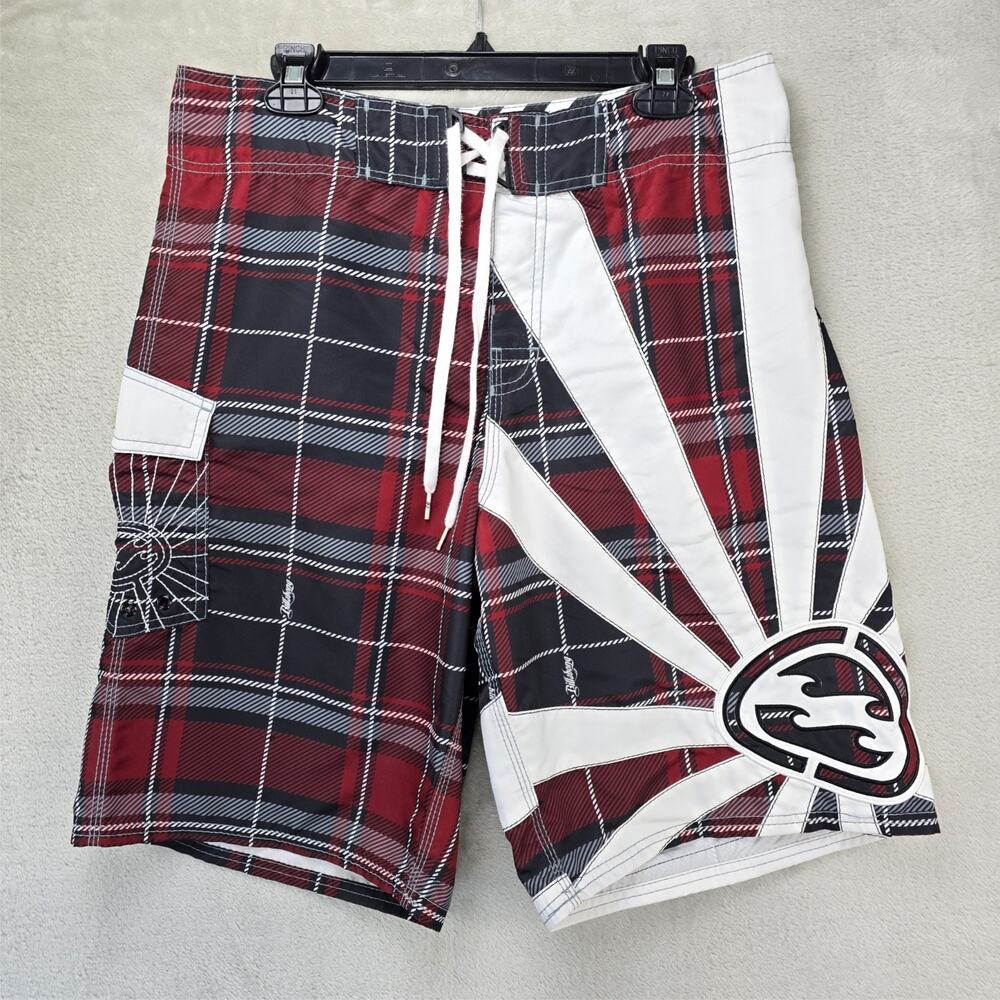 Vtg‎ Billabong Andy Irons Rising Sun Plaid Board Shorts Mens 34 Red Black Y2K